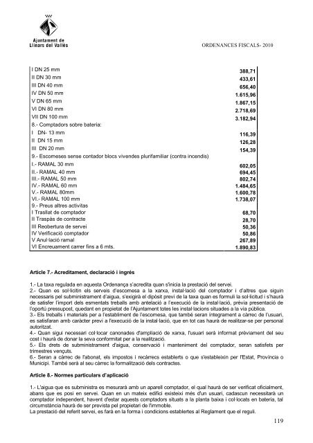 ORDENANCES FISCALS 2010 - Ajuntament de Llinars del Vallès