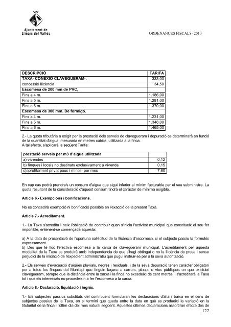 ORDENANCES FISCALS 2010 - Ajuntament de Llinars del Vallès