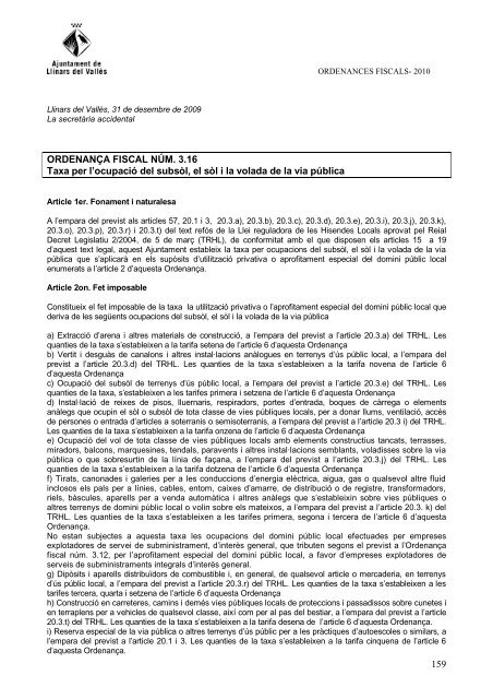 ORDENANCES FISCALS 2010 - Ajuntament de Llinars del Vallès