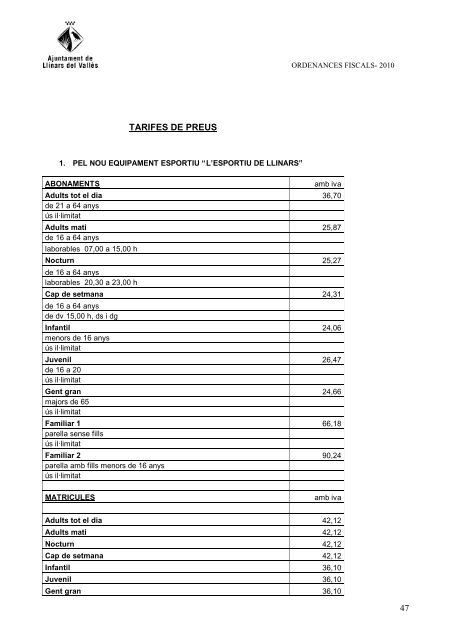ORDENANCES FISCALS 2010 - Ajuntament de Llinars del Vallès