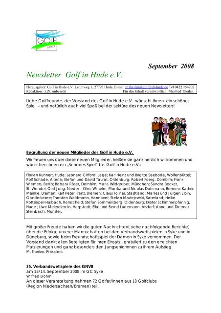 September 2008 Newsletter Golf in Hude eV