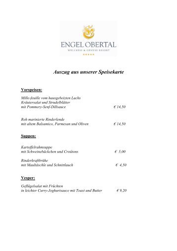 Auszug aus unserer Speisekarte - Hotel Engel Obertal