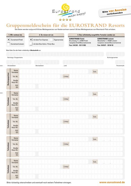 Gruppenmeldeschein für die EUROSTRAND Resorts