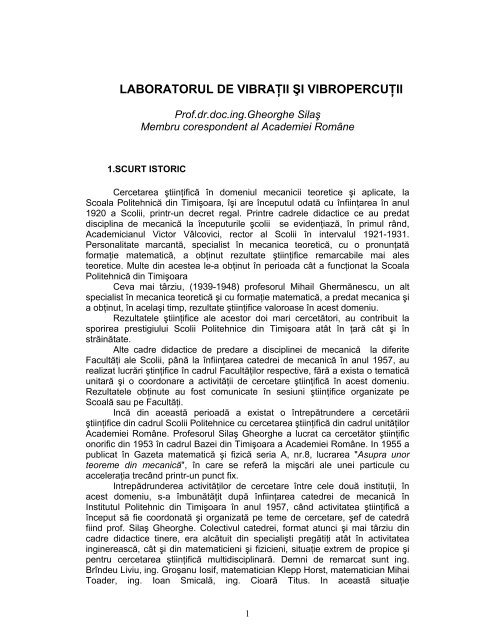 Laboratorul de Vibratii si Vibropercutii, Prof.dr.ing ... - Filiala  Timişoara