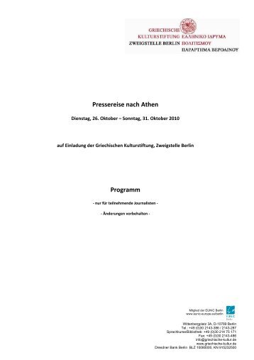 Pressereise nach Athen Programm - Griechische Kulturstiftung Berlin