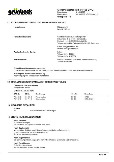 Sicherheitsdatenblatt (91/155 EWG) - Grünbeck Wasseraufbereitung ...