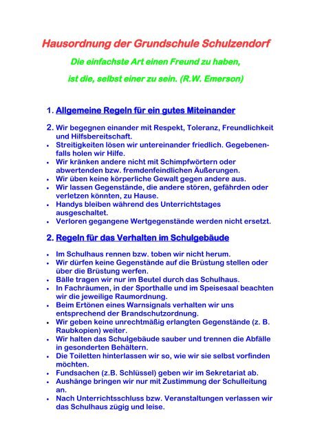 Hausordnung Der Grundschule Schulzendorf