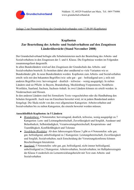 Kopfnoten Zur Beurteilung des Arbeits- und 