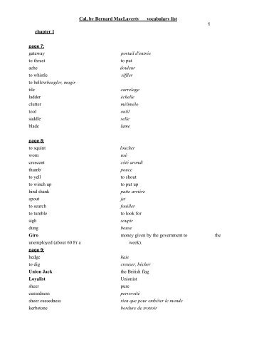 Cal, by Bernard MacLaverty vocabulary list 1 chapter 1 gateway ...