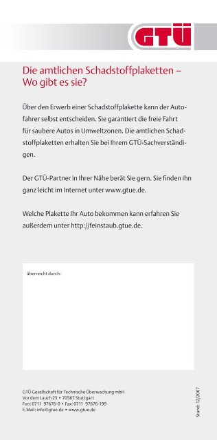 Flyer zur Schadstoffplakette (pdf, 124.8 kB) - GTÜ