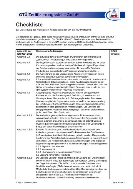 Checkliste zur Umstellung der wichtigsten Änderungen der DIN - GTÜ