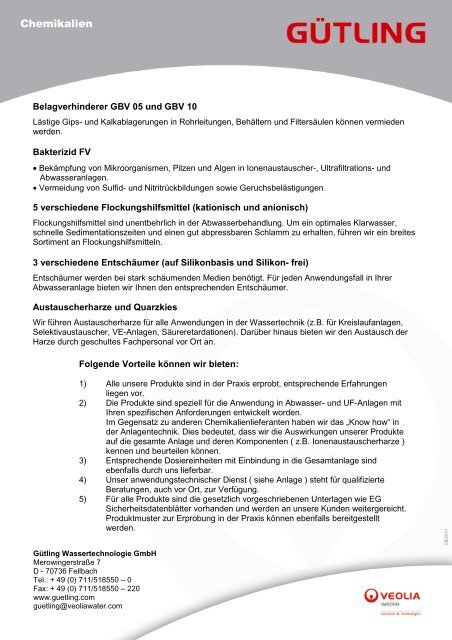 Datenblatt "Chemikalien" - Gütling Wassertechnologie GmbH