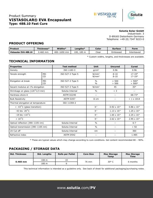 Eva Module Encapsulant VISTASOLAR® EVA Encapsulant www.solutia.com/PV - Saflex.com