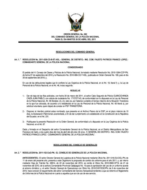 ORDEN GENERAL No. 082 DEL COMANDO GENERAL DE LA ...