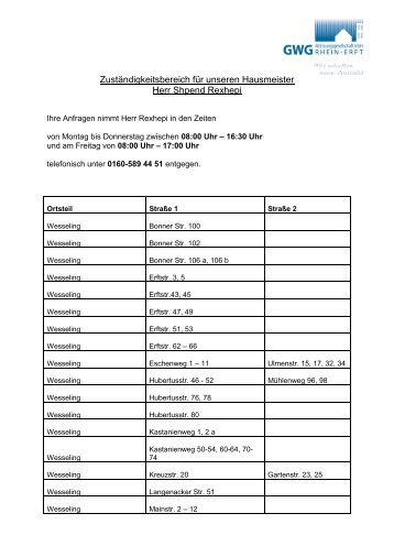 Adressliste Hausmeisterdienst Wesseling - GWG Rhein-Erft