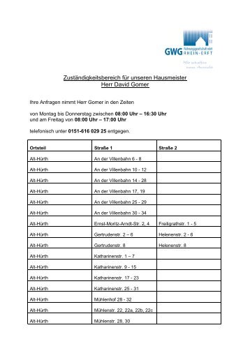Adressliste Hausmeisterdienst Hürth - GWG Rhein-Erft