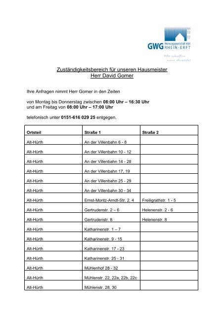 Adressliste Hausmeisterdienst Hürth - GWG Rhein-Erft