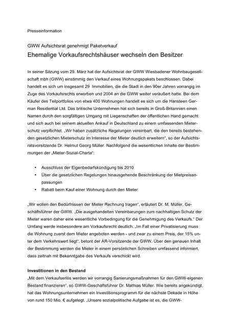 PM Paketverkauf - GWW Wiesbadener Wohnbaugesellschaft mbH