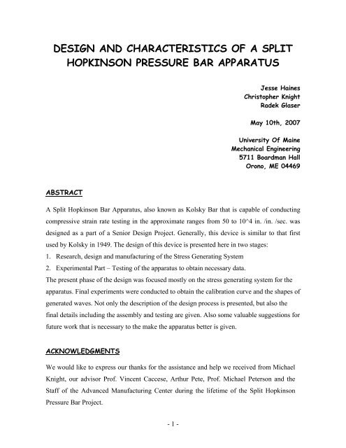 design and characteristics of a split hopkinson pressure bar apparatus