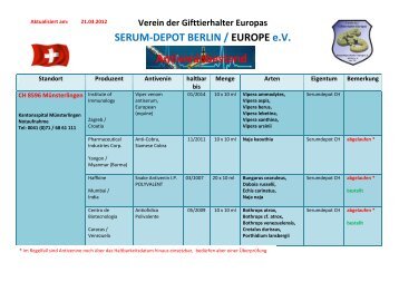 Antiveninbestand Serumdepot CH - Serum-Depot Berlin eV