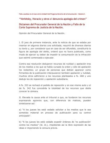 “Verbitsky, Horacio y otros s/ denuncia apología del crimen ...