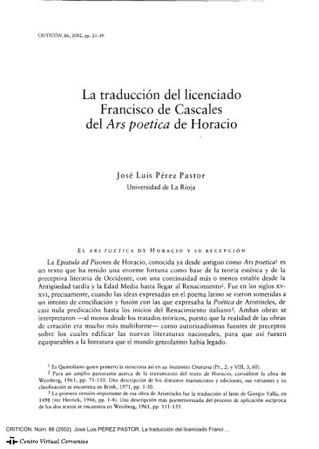 La traducción del licenciado Francisco de Cascales del «Ars poetica ...