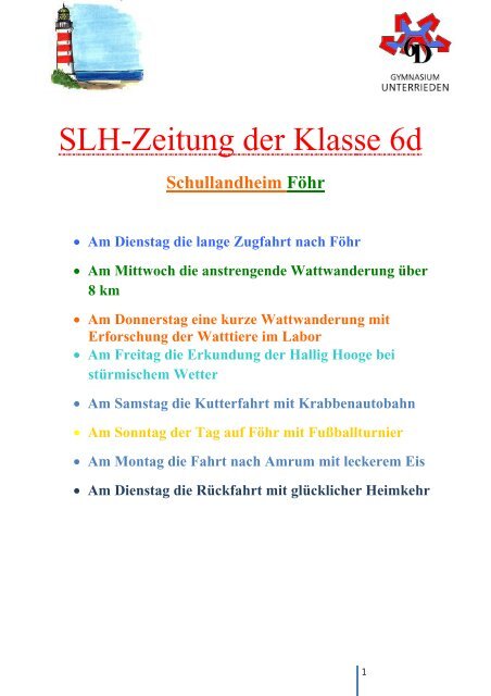 SLH-Zeitung der Klasse 6d - Gymnasium Unterrieden