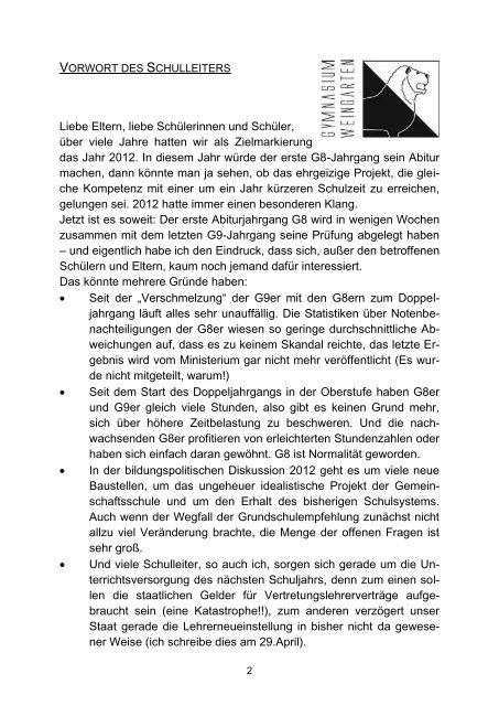 Ausgabe 2/2012 (Mai) - Gymnasium Weingarten