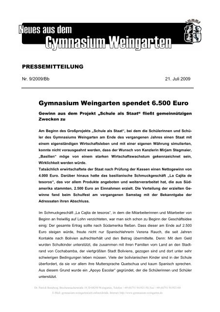 PM 09 Gymnasium Weingarten spendet 6.500 Euro