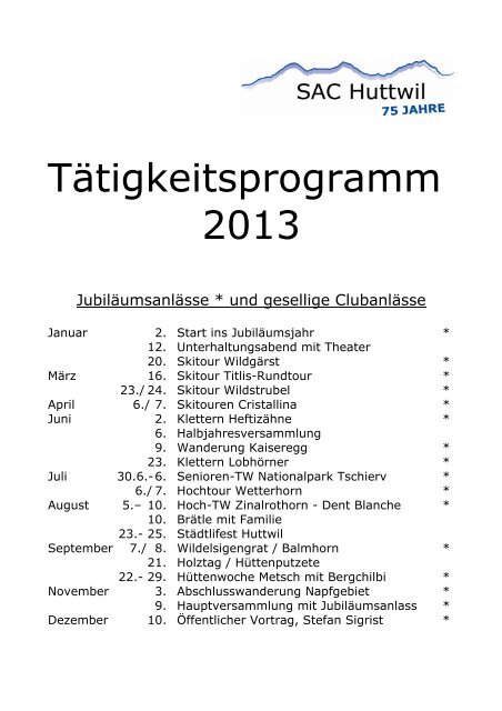 Tätigkeitsprogramm 2013 - SAC Huttwil