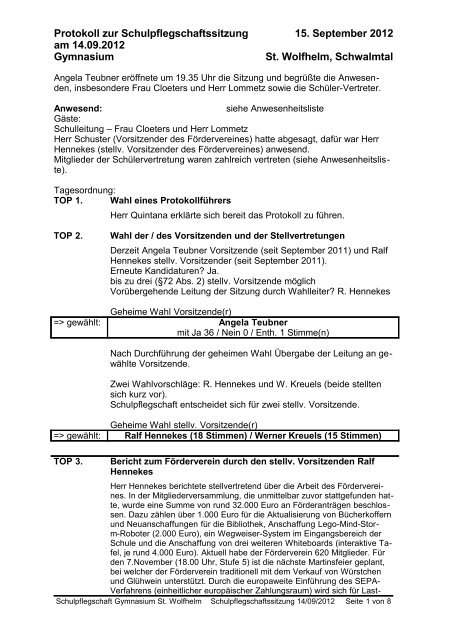 Protokoll der Schulpflegschaftssitzung vom 14.09.2012