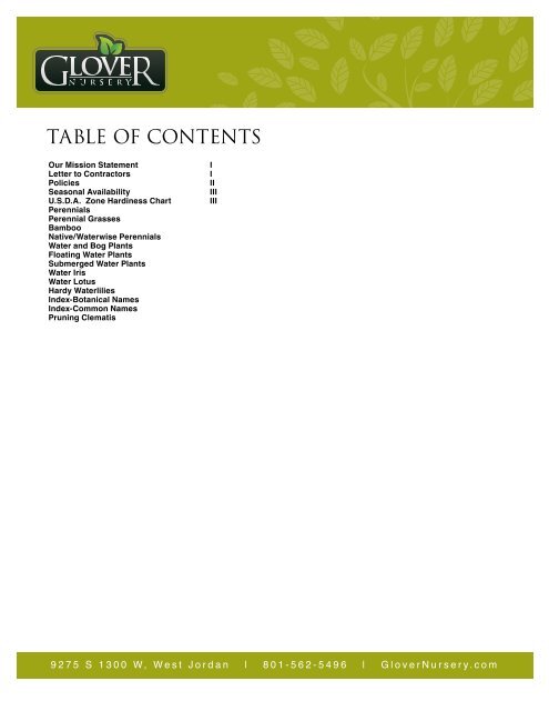 Table Of Contents Glover Nursery Table Of Contents Glover Nursery