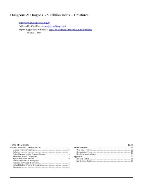 3 5 Index Creatures Chet Erez S D20 Index Files