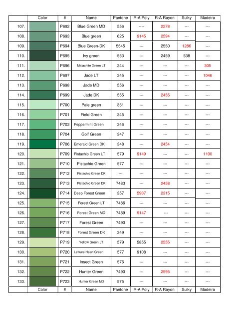 Embroidery Thread Color Conversion Chart