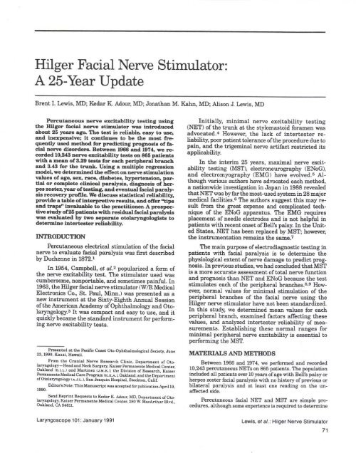 Hilger Facial Nerve Stimulator WR Medical Electronics Co.