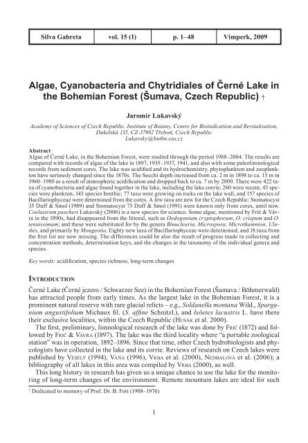 Algae, Cyanobacteria and Chytridiales of Černé Lake in the ...