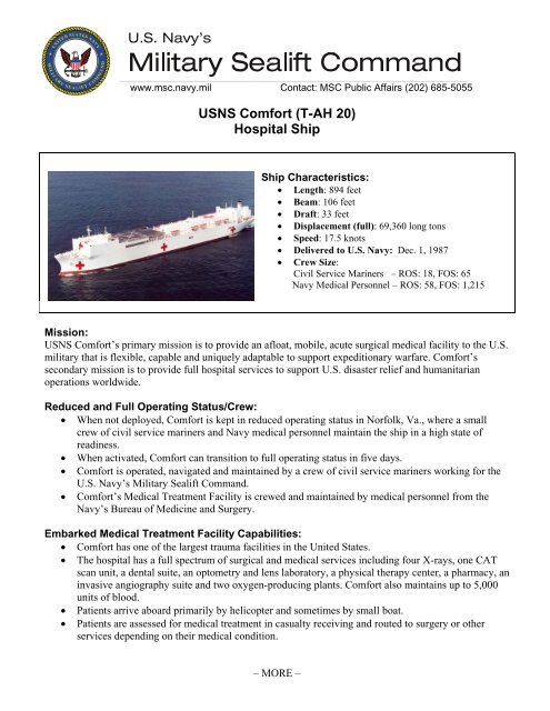 Usns Comfort T Ah 20 Hospital Ship Military Sealift Command