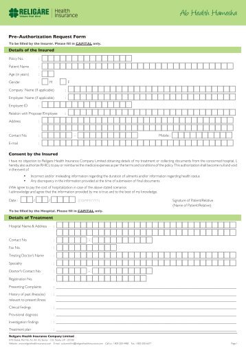 Cashless hospitalization form - Religare Health Insurance