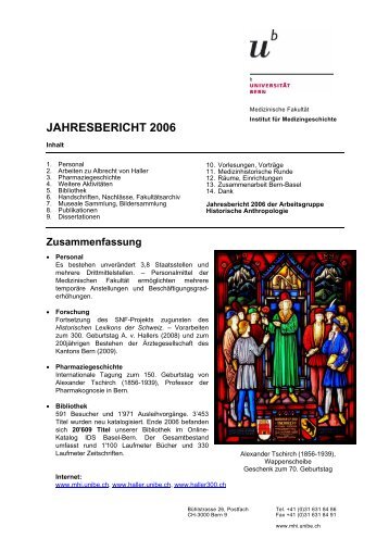 jahresbericht 2006 - Institut für Medizingeschichte - Universität Bern