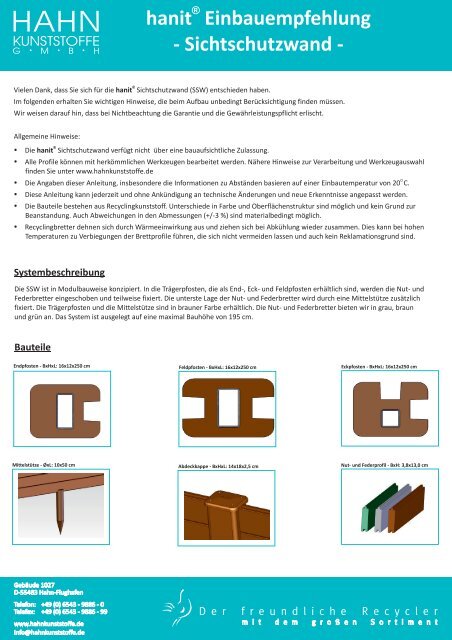 hanit Einbauempfehlung - Sichtschutzwand - Hahn  Kunststoffe GmbH