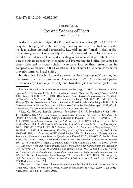 Joy and Sadness of Heart - Retorica Biblica e Semitica