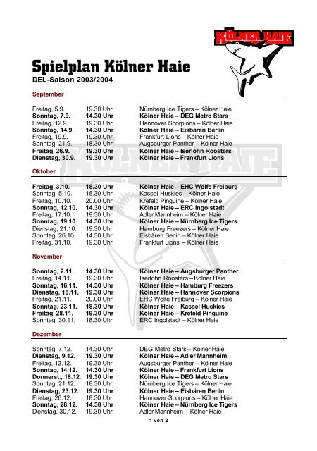 Spielplan Kölner Haie