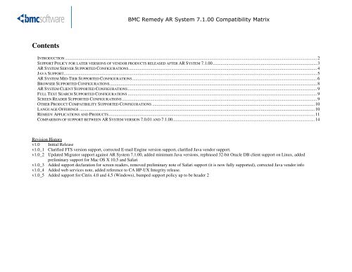 BMC Remedy AR System 7.1.00 Compatibility Matrix