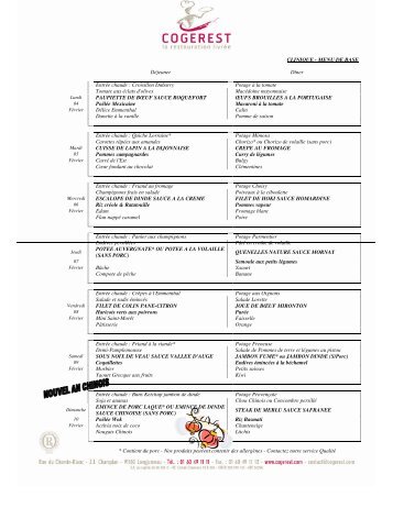 CLINIQUE - MENU DE BASE Déjeuner Dîner Entrée ... - cogerest
