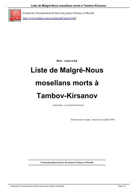 Liste de Malgré-Nous mosellans morts à Tambov-Kirsanov