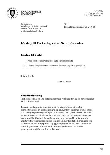 Förslag till Parkeringsplan. Svar på remiss. - Insyn