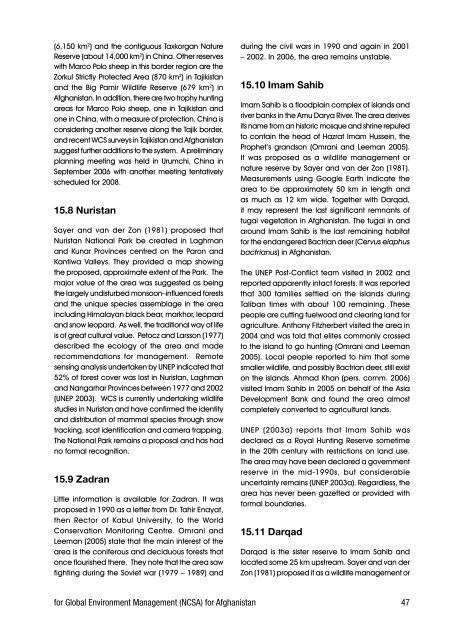 Biodiversity Profile of Afghanistan - Disasters and Conflicts - UNEP