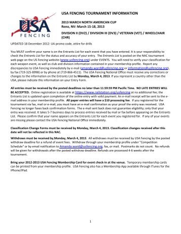 USA FENCING TOURNAMENT INFORMATION - United States ...