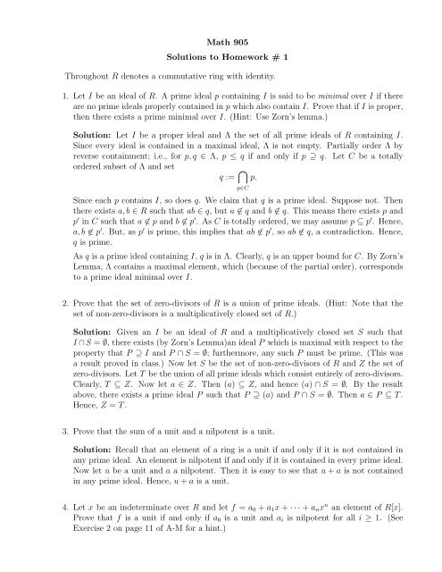 Math 905 Solutions to Homework # 1 Throughout R denotes a ...