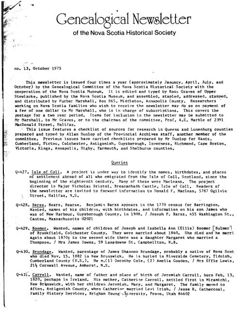 no. 13 October 1975 Genealogical Association of Nova Scotia